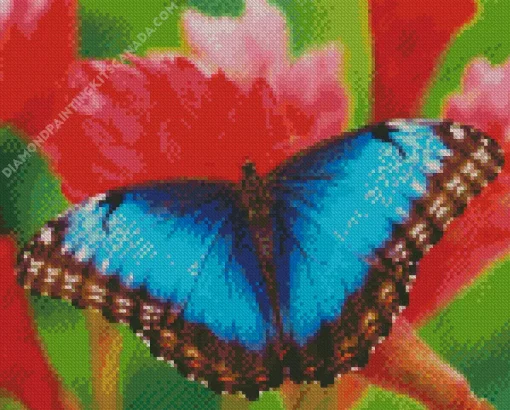 Blue Butterfly And Red Flowers Diamond Painting