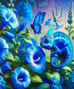 Blue Chameleon And Flowers Diamond Painting