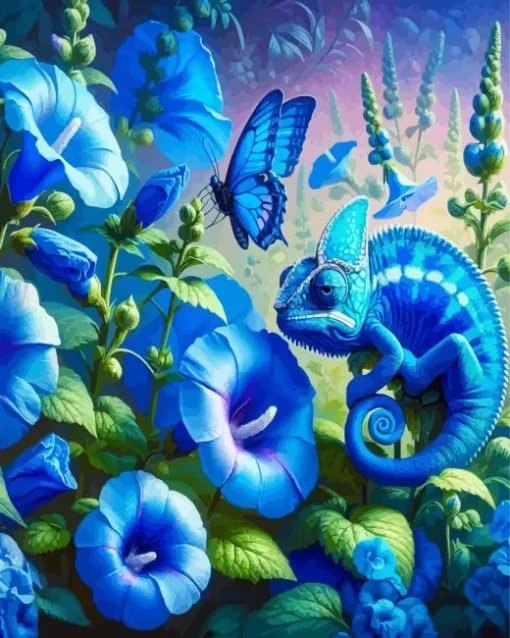 Blue Chameleon And Flowers Diamond Painting