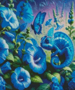 Blue Chameleon And Flowers Diamond Painting