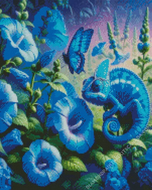 Blue Chameleon And Flowers Diamond Painting