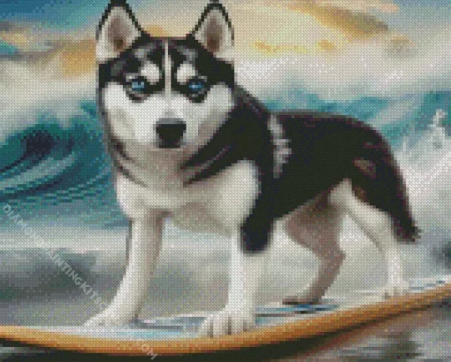 Blue Eyes Husky Surfing Diamond Painting