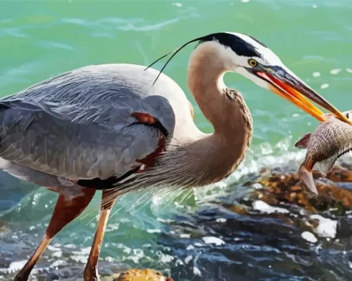 Blue Heron Eating Fish Diamond Painting