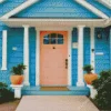 Blue House With Pink Door Diamond Painting