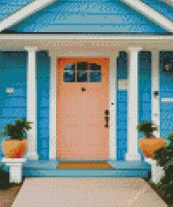 Blue House With Pink Door Diamond Painting