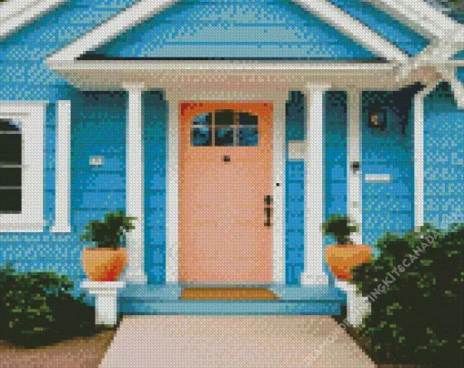 Blue House With Pink Door Diamond Painting