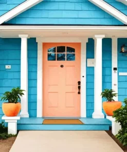 Blue House With Pink Door Diamond Painting