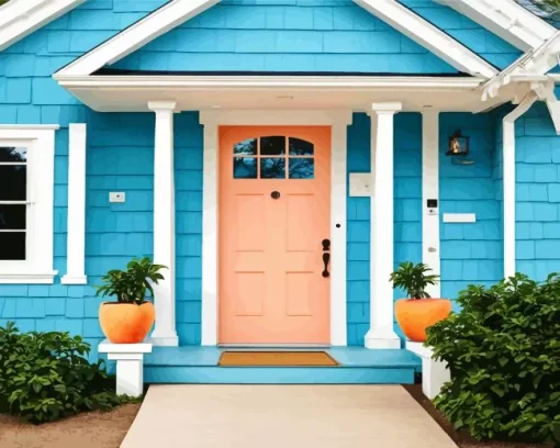 Blue House With Pink Door Diamond Painting