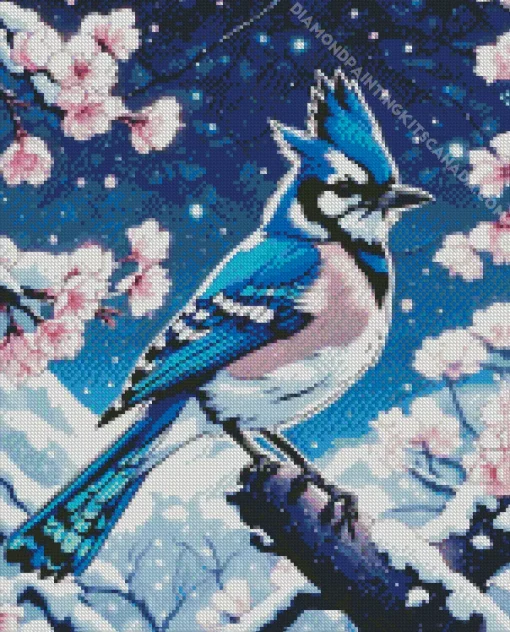 Blue Jay And Cherry Blossoms Diamond Painting