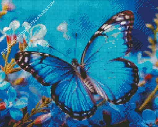 Blue Monarch Butterfly And Flowers Diamond Painting