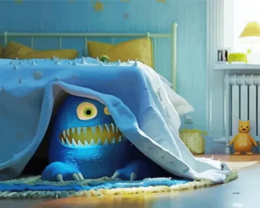 Blue Monster Under Bed Diamond Painting