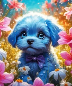 Blue Puppy And Flowers Diamond Painting