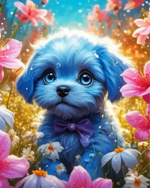 Blue Puppy And Flowers Diamond Painting