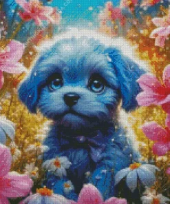 Blue Puppy And Flowers Diamond Painting