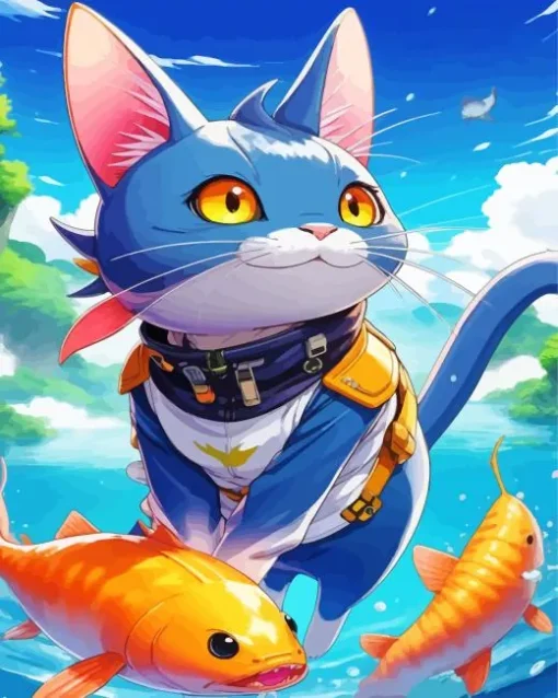 Cartoon Blue Cat And Goldfish Diamond Painting