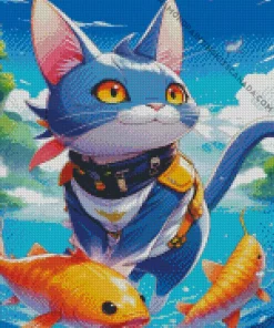 Cartoon Blue Cat And Goldfish Diamond Painting