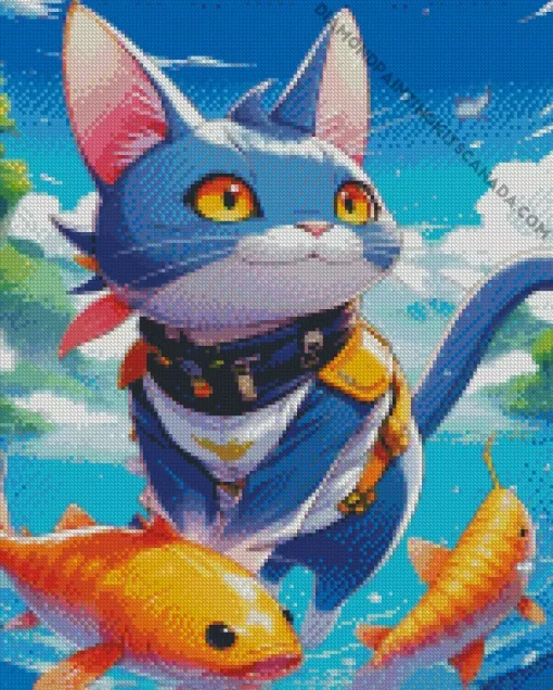 Cartoon Blue Cat And Goldfish Diamond Painting