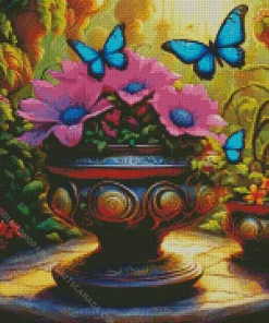 Flowers Pot And Butterflies Diamond Painting