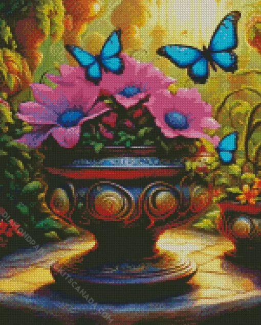 Flowers Pot And Butterflies Diamond Painting