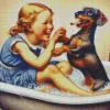 Girl And Dog In Bathtub Diamond Painting