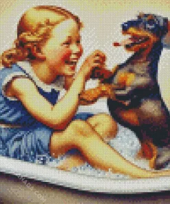 Girl And Dog In Bathtub Diamond Painting