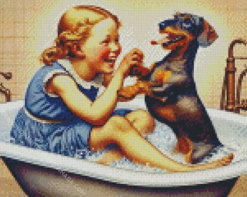 Girl And Dog In Bathtub Diamond Painting