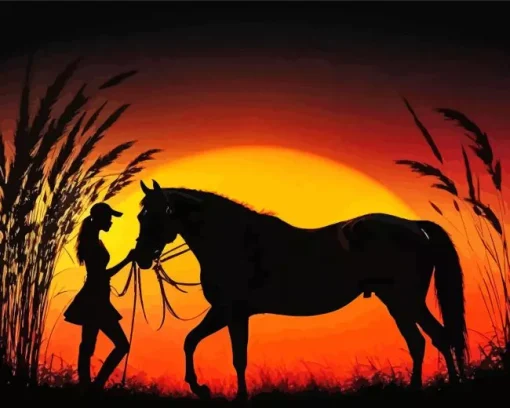 Girl Horse Silhouette Sunset Diamond Painting