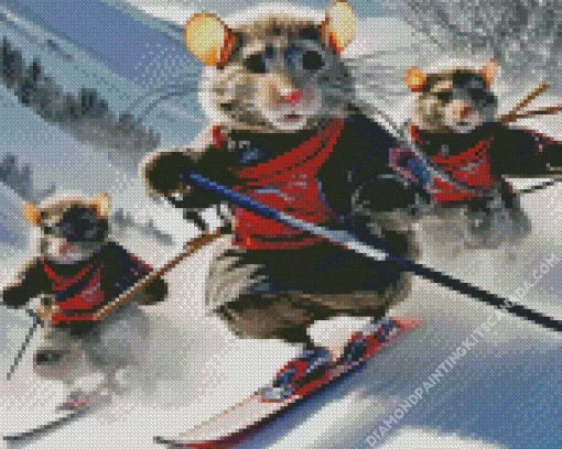 Rats Skiing in Snow Diamond Painting