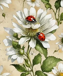 White Flowers And Ladybugs Diamond Painting