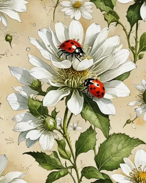 White Flowers And Ladybugs Diamond Painting