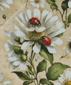 White Flowers And Ladybugs Diamond Painting