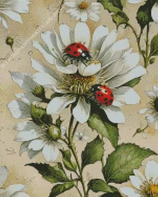 White Flowers And Ladybugs Diamond Painting