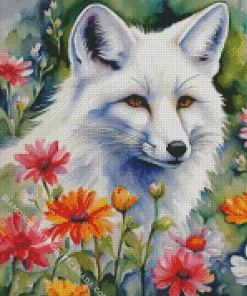 White Fox And Flowers Diamond Painting