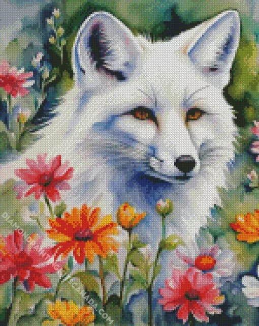 White Fox And Flowers Diamond Painting