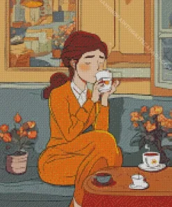 Woman Drinking Coffee Diamond Painting