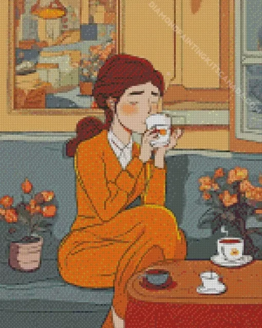 Woman Drinking Coffee Diamond Painting