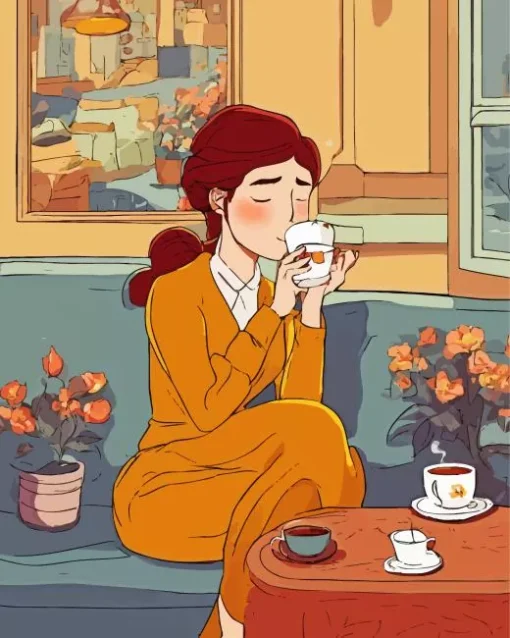 Woman Drinking Coffee Diamond Painting