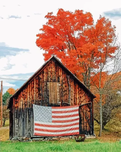 Barn With American Flag Diamond Painting