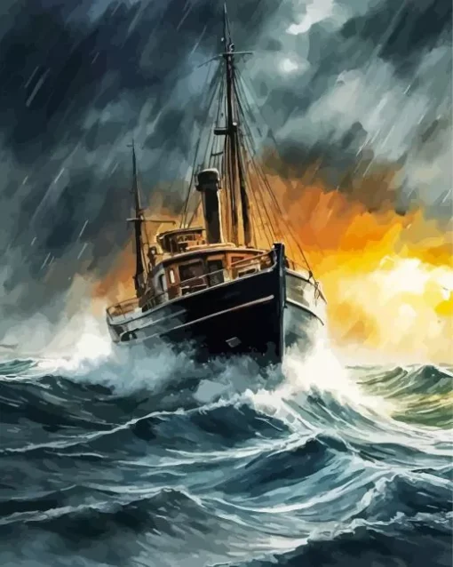 Boat In Storm Diamond Painting