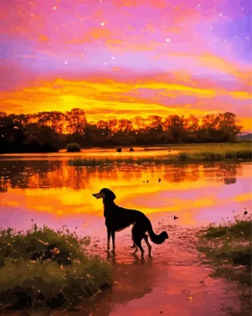 Dog At Sunset Diamond Painting