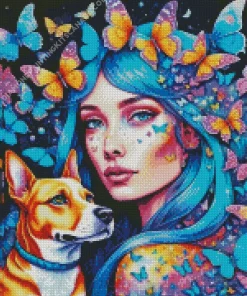 Dog With Blue Haired Girl Diamond Painting