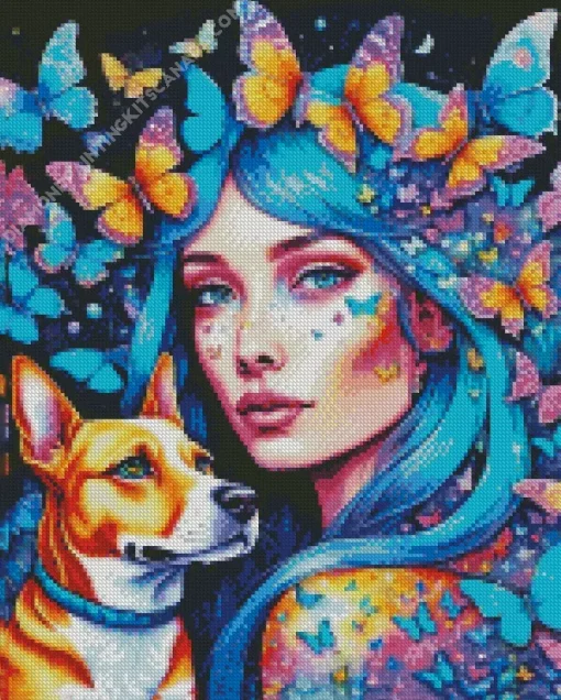 Dog With Blue Haired Girl Diamond Painting