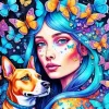 Dog With Blue Haired Girl Diamond Painting