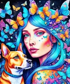 Dog With Blue Haired Girl Diamond Painting