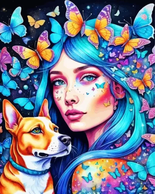 Dog With Blue Haired Girl Diamond Painting