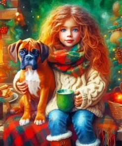 Brown Boxer Puppy with Girl Diamond Painting