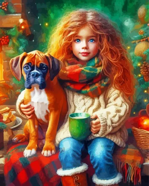 Brown Boxer Puppy with girl diamond paints Brown Boxer Puppy with Girl Diamond Painting