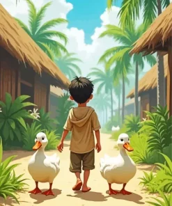 Boy And Ducks Diamond Painting