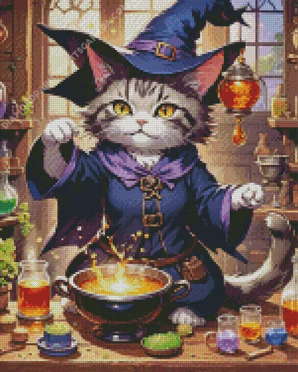 cat witch Diamond With Numbers Cat Witch Diamond Painting