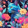 Blue Cat And Flowers Diamond Painting